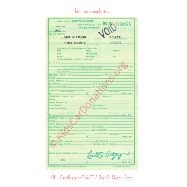This is an Example of Ohio Certificate of Title To A Boat Or Motor Front View | Kids Car Donations